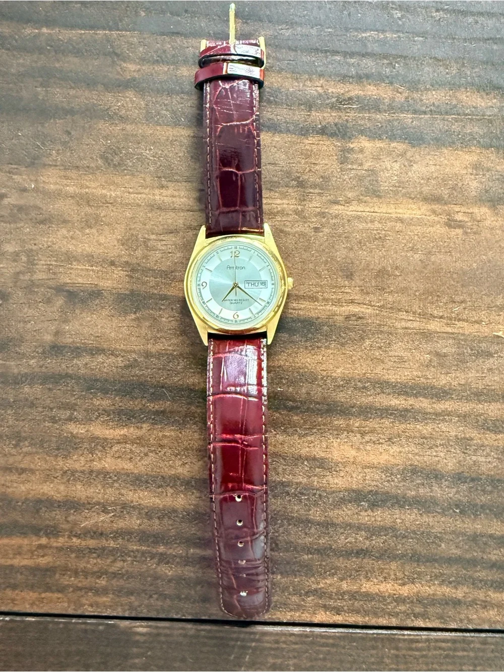 Armitron Gold-Tone Case Silver Dial with Burgundy Leather Strap Watch